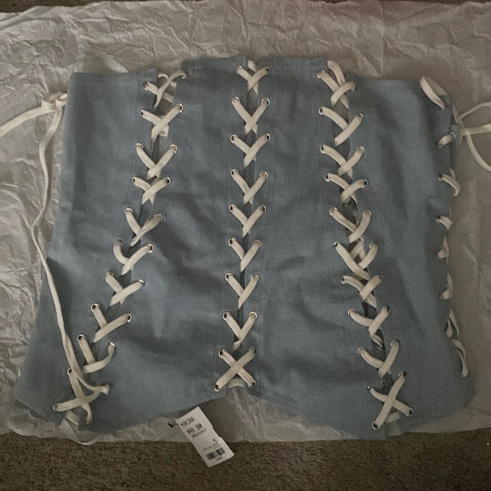 Light blue denim strapless XL top from Akira